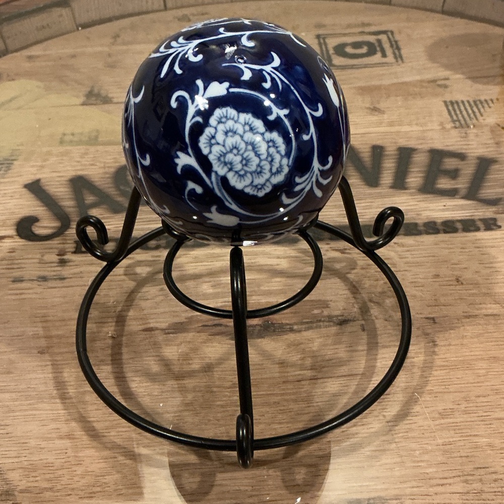 Blue and White Decorative Sphere with Stand